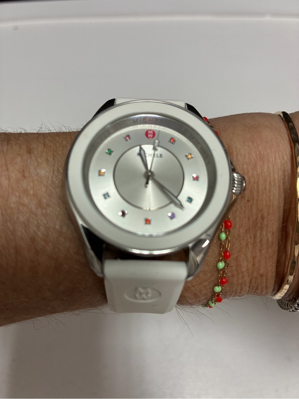 Michele White Silicone Strap Watch with Multicolor Topaz Markers